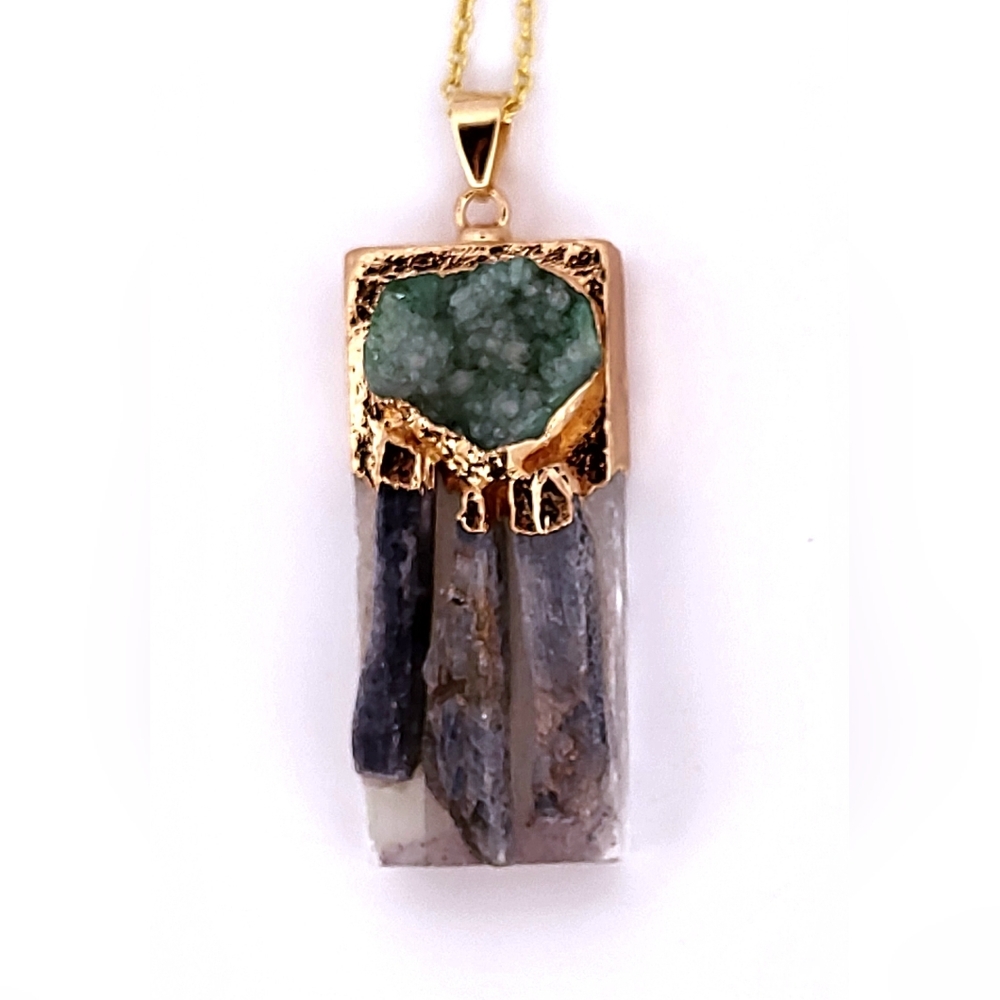 Natural Kyanite, Selenite & Green Geode Crystal Gold Necklace Nksggcgn